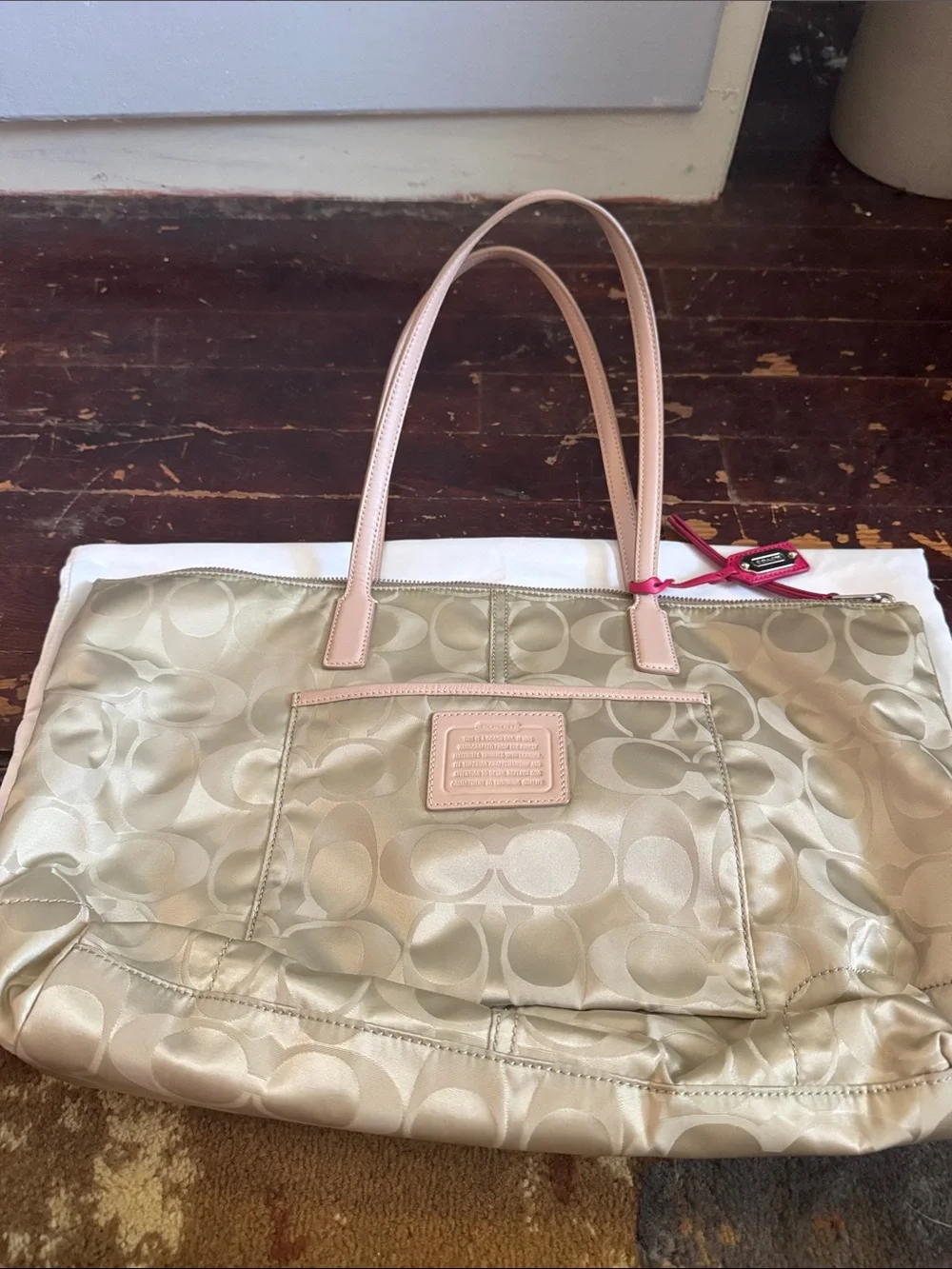 Coach Satin Signature Tote in Gold with Pink Trim and Tag